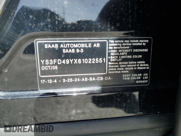 2006 Saab 9-3 z VIN YS3FD49YX61022551, wystawiony jako Copart lot #77141544 z przebiegiem 131 259 mil mil oraz Szkoda całkowita • Salvage title. Historia ofert i sprzedaży dostępna na DreamBid. Obrazek 12.