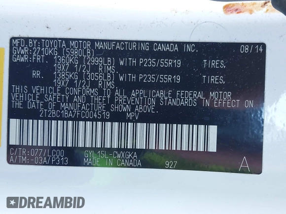 2015 Lexus RX 450h with VIN 2T2BC1BA7FC004519, listed as a IAAI auction lot 40925076 with 157,984 mi miles and . Bid and sale history available at DreamBid. Image 9.