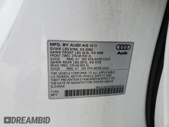 2011 Audi Q7 Premium Plus with VIN WA1LGAFE3BD008004, listed as a Copart auction lot 57505045 with 206,268 mi miles and Clean title. Bid and sale history available at DreamBid. Image 13.
