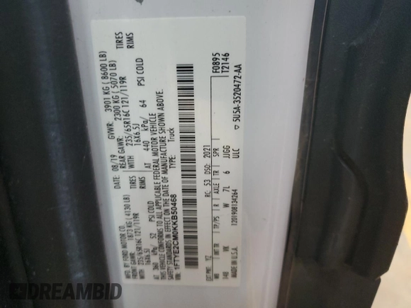 2019 Ford Transit z VIN 1FTYE2CM0KKB50468, wystawiony jako Copart lot #57420265 z przebiegiem Nie podano mil oraz Czysty tytuł • Clean title. Historia ofert i sprzedaży dostępna na DreamBid. Obrazek 13.