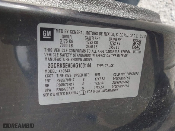 2010 Chevrolet Silverado 1500 LT with VIN 3GCRKSEA5AG160144, listed as a IAAI auction lot 42025281 with 259,084 mi miles. Bid and sale history available at carsss.com. Image 9.