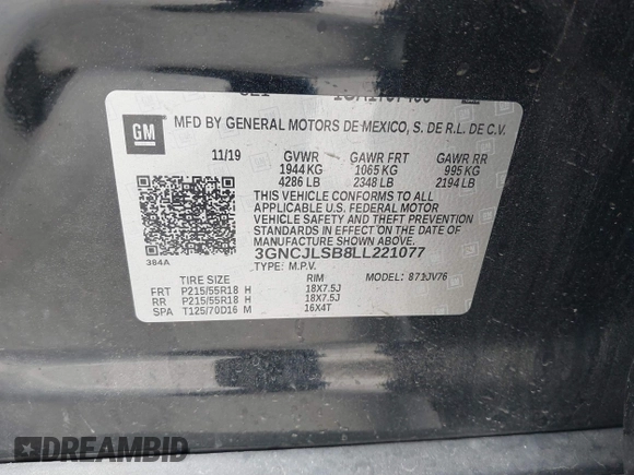 2020 Chevrolet Trax LT with VIN 3GNCJLSB8LL221077, listed as a IAAI auction lot 42421378 with 97,372 mi miles and . Bid and sale history available at DreamBid. Image 9.