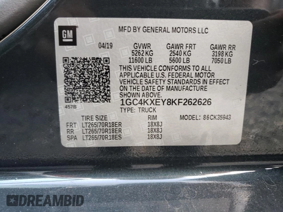 2019 Chevrolet Silverado 3500HD LTZ with VIN 1GC4KXEY8KF262626, listed as a Copart auction lot 80450744 with 83,072 mi miles and Salvage Title. Bid and sale history available at carsss.com. Image 12.