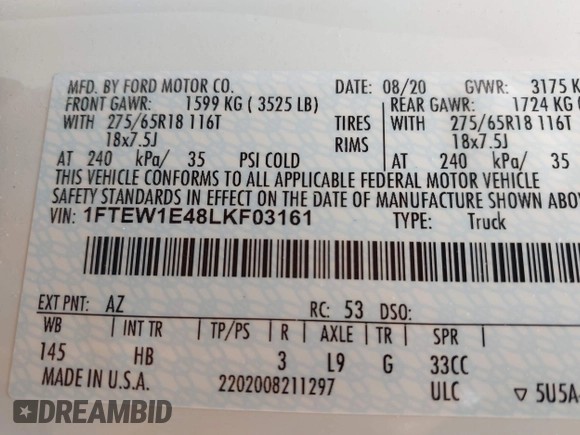 2020 Ford F-150 XL с VIN 1FTEW1E48LKF03161, выставлен на аукционе IAAI как лот 42156451 с пробегом 70 615 миль миль и . История ставок и продаж доступна на DreamBid. Изображение 9.