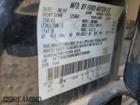 2008 Ford F-350 with VIN 1FTWW30R08EC00688, listed as a Copart auction lot 61380664 with 316,878 mi miles and Clean title. Bid and sale history available at DreamBid. Image 12.