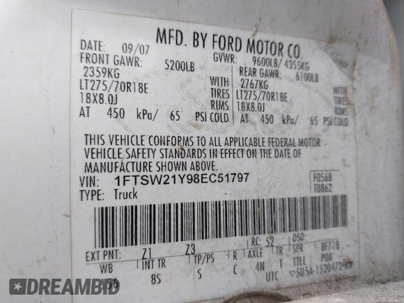 2008 Ford F-250 XL с VIN 1FTSW21Y98EC51797, выставлен на аукционе IAAI как лот 42168445 с пробегом 325 080 миль миль и . История ставок и продаж доступна на DreamBid. Изображение 9.