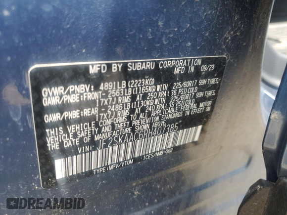 2024 Subaru Forester with VIN JF2SKAAC6RH407385, listed as a Copart auction lot 60415005 with 8,016 mi miles and Salvage title. Bid and sale history available at DreamBid. Image 14.