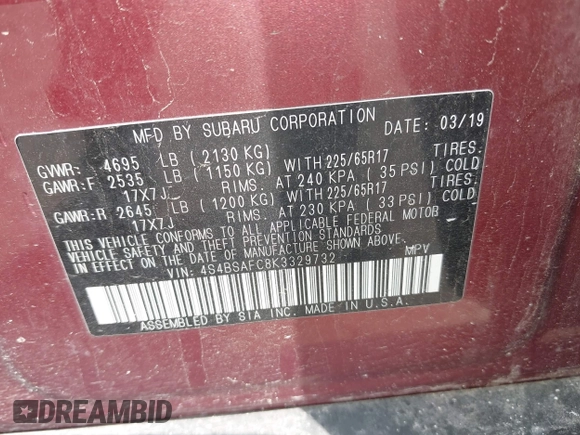 2019 Subaru Outback Premium with VIN 4S4BSAFC8K3329732, listed as a IAAI auction lot 42477353 with 165,148 mi miles and . Bid and sale history available at DreamBid. Image 9.