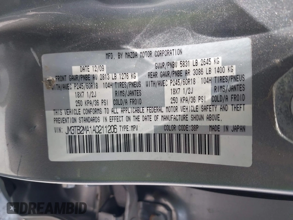 2010 Mazda CX-9 Grand Touring with VIN JM3TB2MA1A0211206, listed as a IAAI auction lot 42760745 with Not provided miles and . Bid and sale history available at DreamBid. Image 9.