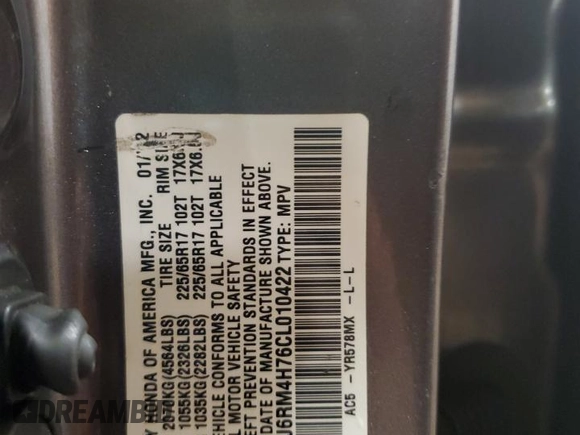2012 Honda CR-V EX-L with VIN 5J6RM4H76CL010422, listed as a Copart auction lot 57887905 with 166,990 mi miles and Salvage title. Bid and sale history available at DreamBid. Image 13.