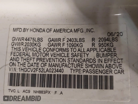 2020 Honda Accord EX-L with VIN 1HGCV2F52LA023440, listed as a IAAI auction lot 41537345 with 81,011 mi miles and . Bid and sale history available at DreamBid. Image 9.