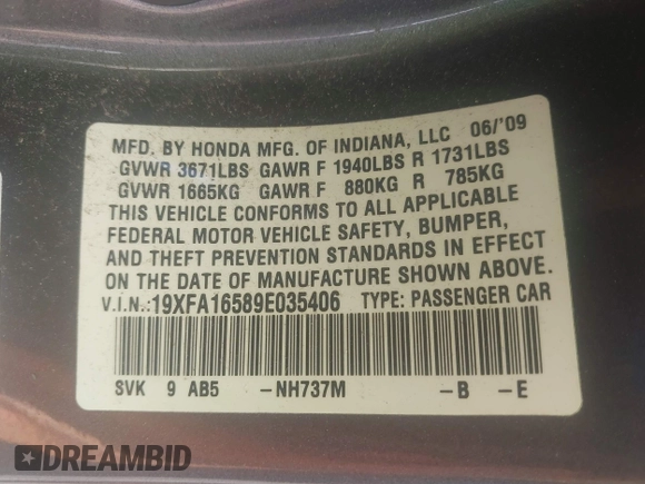 2009 Honda Civic LX z VIN 19XFA16589E035406, wystawiony jako IAAI lot #42361061 z przebiegiem 95 487 mil mil oraz . Historia ofert i sprzedaży dostępna na DreamBid. Obrazek 9.