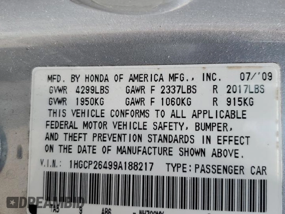 2009 Honda Accord LX-P with VIN 1HGCP26499A188217, listed as a Copart auction lot 55892675 with 172,843 mi miles and Clean Title. Bid and sale history available at DreamBid. Image 12.