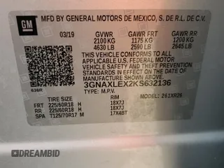 2019 Chevrolet Equinox LT with VIN 3GNAXLEX2KS632136, listed as a Copart auction lot 53993935 with 48,020 mi miles and Non Repairable. Bid and sale history available at DreamBid. Image 13.