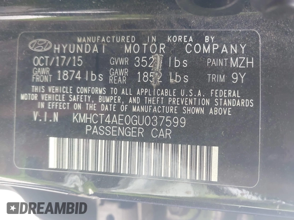 2016 Hyundai Accent SE with VIN KMHCT4AE0GU037599, listed as a IAAI auction lot 42114183 with 132,020 mi miles and . Bid and sale history available at DreamBid. Image 9.