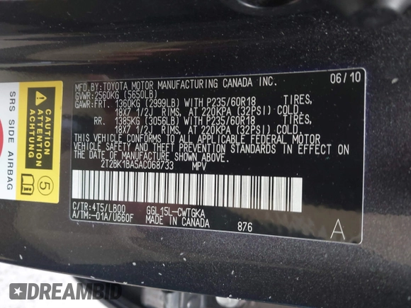 2010 Lexus RX 350 with VIN 2T2BK1BA5AC068733, listed as a IAAI auction lot 41487044 with 177,738 mi miles and . Bid and sale history available at DreamBid. Image 9.