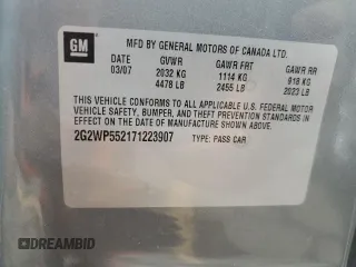 2007 Pontiac Grand Prix z VIN 2G2WP552171223907, wystawiony jako Copart lot #55470435 z przebiegiem 106 754 mil mil oraz Tytuł czysty. Historia ofert i sprzedaży dostępna na DreamBid. Obrazek 12.