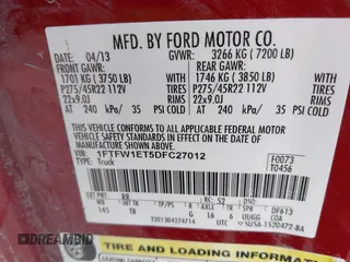 2013 Ford F-150 XL with VIN 1FTFW1ET5DFC27012, listed as a IAAI auction lot 40783158 with 106,221 mi miles. Bid and sale history available at carsss.com. Image 9.