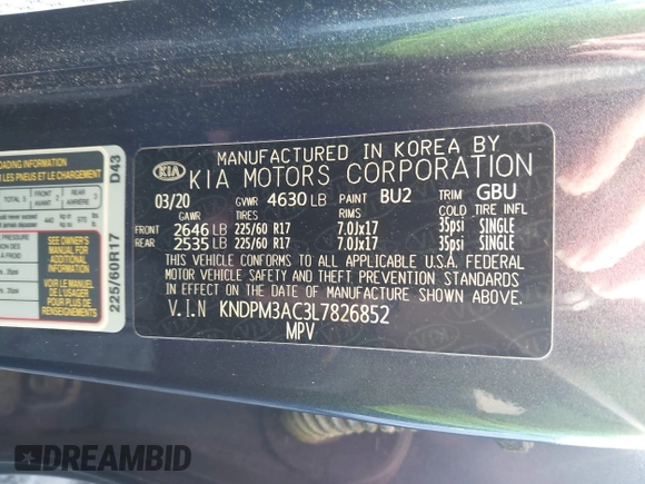 2020 Kia Sportage LX with VIN KNDPM3AC3L7826852, listed as a IAAI auction lot 41588029 with 55,000 mi miles and . Bid and sale history available at DreamBid. Image 9.