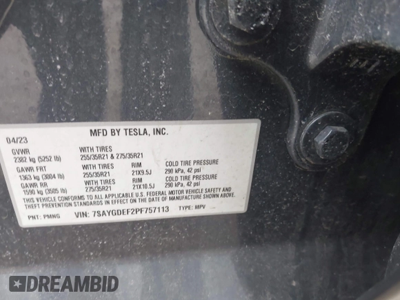 2023 Tesla Model Y Performance with VIN 7SAYGDEF2PF757113, listed as a IAAI auction lot 41881175 with 54,809 mi miles and . Bid and sale history available at DreamBid. Image 9.