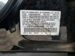 2008 Honda Pilot SE with VIN 5FNYF18368B046905, listed as a Copart auction lot 48391255 with 191,539 mi miles and Salvage Title. Bid and sale history available at carsss.com. Image 13.