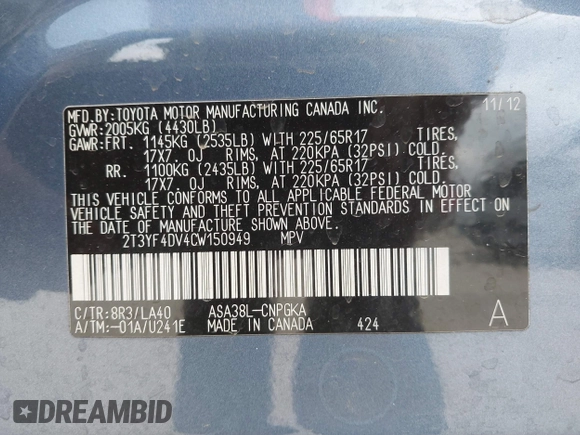 2012 Toyota RAV4 Limited with VIN 2T3YF4DV4CW150949, listed as a IAAI auction lot 41777016 with 135,026 mi miles. Bid and sale history available at carsss.com. Image 9.