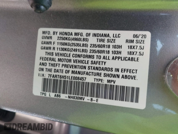 2020 Honda CR-V EX with VIN 7FART6H51LE008457, listed as a IAAI auction lot 42102726 with 47,571 mi miles and . Bid and sale history available at carsss.com. Image 9.