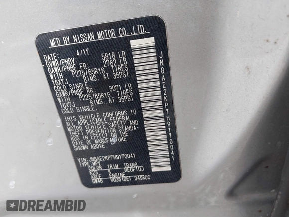2017 Nissan Quest SV z VIN JN8AE2KP7H9170041, wystawiony jako IAAI lot #41760437 z przebiegiem 347 055 mil mil oraz . Historia ofert i sprzedaży dostępna na DreamBid. Obrazek 9.