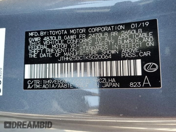 2019 Lexus RC 350 with VIN JTHHZ5BC1K5020064, listed as a Copart auction lot 69312984 with 37,052 mi miles and Salvage title. Bid and sale history available at DreamBid. Image 13.