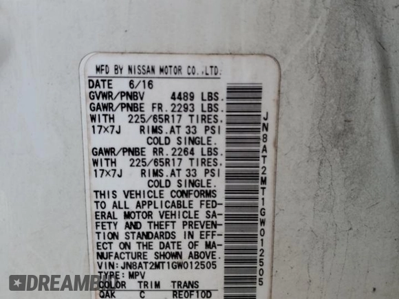 2016 Nissan Rogue S with VIN JN8AT2MT1GW012505, listed as a Copart auction lot 51582045 with 127,894 mi miles and Salvage Title. Bid and sale history available at carsss.com. Image 13.
