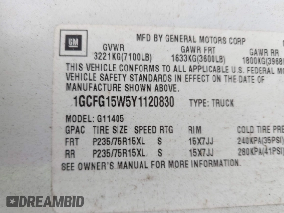 2000 Chevrolet City Express Cargo z VIN 1GCFG15W5Y1120830, wystawiony jako IAAI lot #42495576 z przebiegiem 266 346 mil mil oraz . Historia ofert i sprzedaży dostępna na DreamBid. Obrazek 9.
