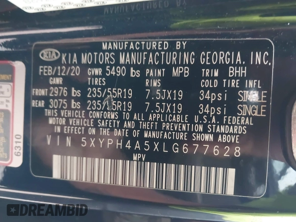 2020 Kia Sorento EX V6 with VIN 5XYPH4A5XLG677628, listed as a IAAI auction lot 41106780 with 62,374 mi miles. Bid and sale history available at carsss.com. Image 9.