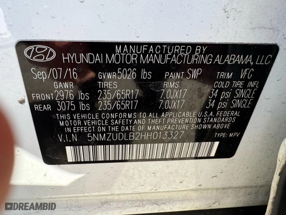 2017 Hyundai Santa Fe Sport 2.4L with VIN 5NMZUDLB2HH013327, listed as a Copart auction lot 50205975 with NaN miles and Clean Title. Bid and sale history available at carsss.com. Image 10.