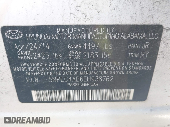 2014 Hyundai Sonata Limited with VIN 5NPEC4AB6EH938762, listed as a IAAI auction lot 42065654 with 205,483 mi miles and . Bid and sale history available at DreamBid. Image 9.