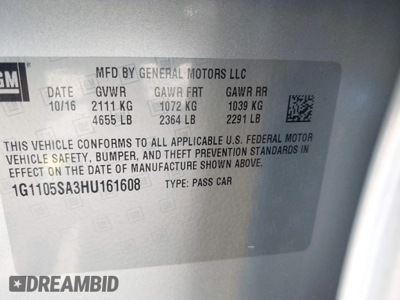 2017 Chevrolet Impala LT with VIN 1G1105SA3HU161608, listed as a IAAI auction lot 41852961 with 102,992 mi miles and . Bid and sale history available at DreamBid. Image 9.