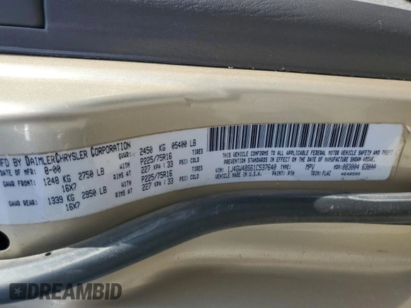 2001 Jeep Grand Cherokee Laredo z VIN 1J4GW48S61C537640, wystawiony jako Copart lot #58266135 z przebiegiem 188 475 mil mil oraz Szkoda całkowita • Salvage title. Historia ofert i sprzedaży dostępna na DreamBid. Obrazek 13.