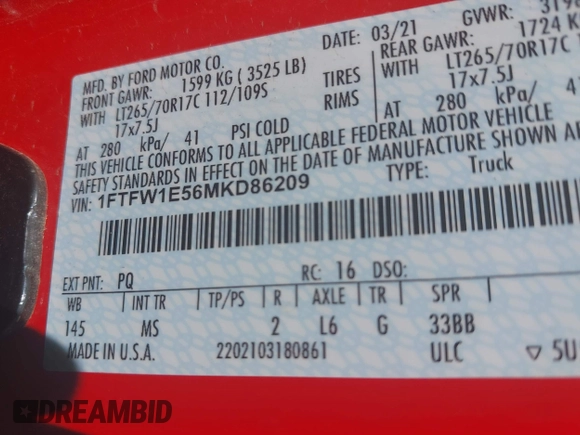 2021 Ford F-150 XL with VIN 1FTFW1E56MKD86209, listed as a IAAI auction lot 42700594 with 120,972 mi miles and . Bid and sale history available at DreamBid. Image 9.