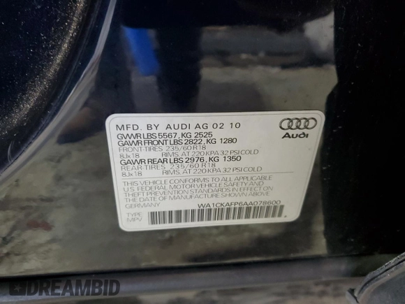 2010 Audi Q5 Premium with VIN WA1CKAFP6AA078600, listed as a Copart auction lot 84750464 with 90,347 mi miles and Salvage title. Bid and sale history available at DreamBid. Image 12.