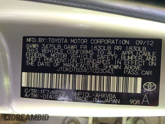 2012 Toyota Prius One with VIN JTDKDTB34C1023043, listed as a IAAI auction lot 41858671 with 91,497 mi miles and . Bid and sale history available at DreamBid. Image 9.
