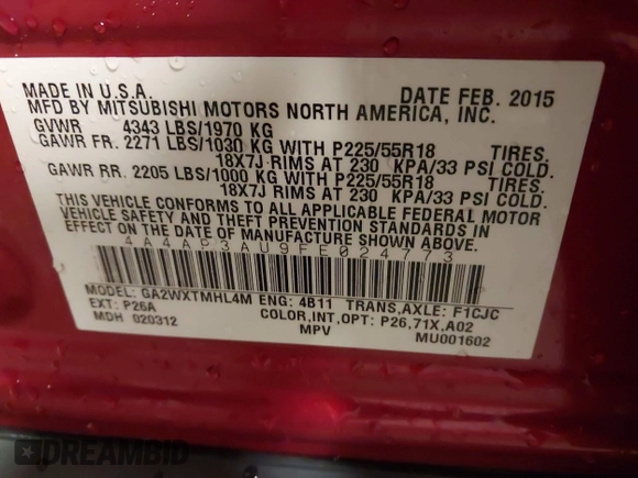 2015 Mitsubishi Outlander Sport ES with VIN 4A4AP3AU9FE024773, listed as a IAAI auction lot 41913938 with 190,740 mi miles. Bid and sale history available at carsss.com. Image 9.