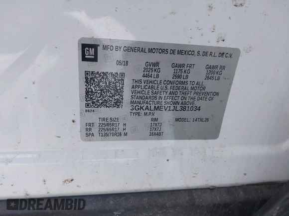 2018 GMC Terrain SLE with VIN 3GKALMEV1JL381034, listed as a IAAI auction lot 41345745 with 54,029 mi miles. Bid and sale history available at carsss.com. Image 9.