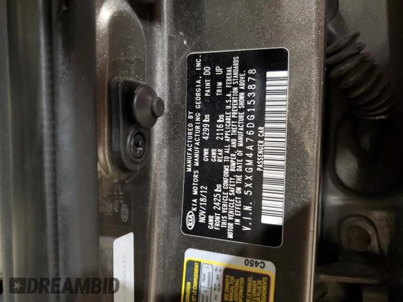 2013 Kia Optima LX with VIN 5XXGM4A76DG153878, listed as a Copart auction lot 45497455 with 101,842 mi miles and Salvage Title. Bid and sale history available at carsss.com. Image 12.