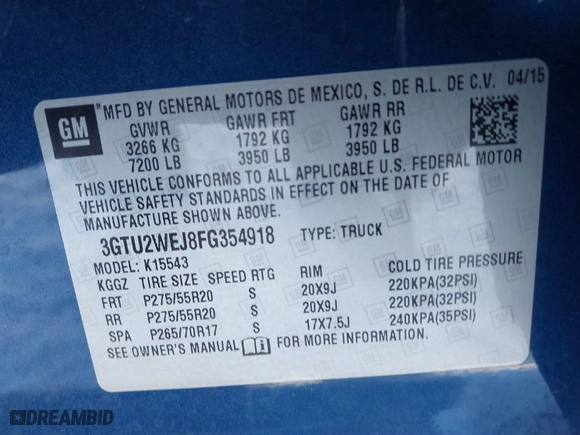 2015 GMC Sierra 1500 Denali with VIN 3GTU2WEJ8FG354918, listed as a IAAI auction lot 41540022 with 98,990 mi miles. Bid and sale history available at carsss.com. Image 9.