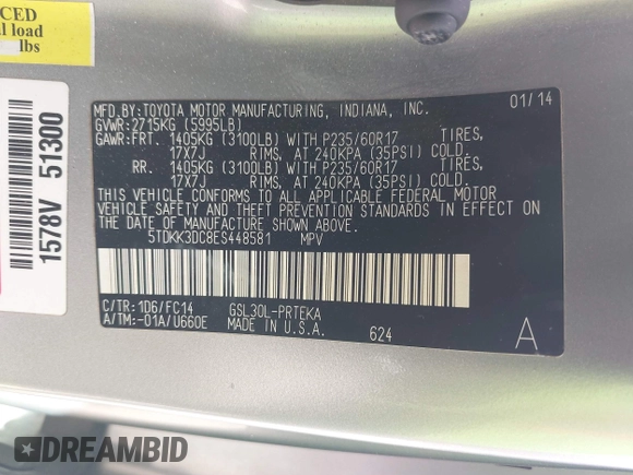 2014 Toyota Sienna LE AAS z VIN 5TDKK3DC8ES448581, wystawiony jako IAAI lot #39942249 z przebiegiem 158 131 mil mil oraz . Historia ofert i sprzedaży dostępna na DreamBid. Obrazek 9.