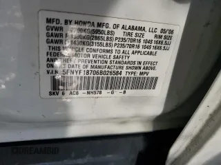 2006 Honda Pilot EX-L with VIN 5FNYF18706B026584, listed as a Copart auction lot 42335965 with 229,794 mi miles and Salvage Title. Bid and sale history available at DreamBid. Image 15.