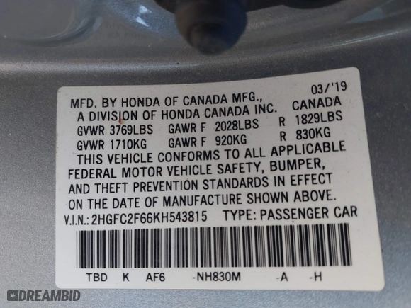 2019 Honda Civic Sedan LX with VIN 2HGFC2F66KH543815, listed as a IAAI auction lot 41883765 with 83,762 mi miles. Bid and sale history available at carsss.com. Image 9.