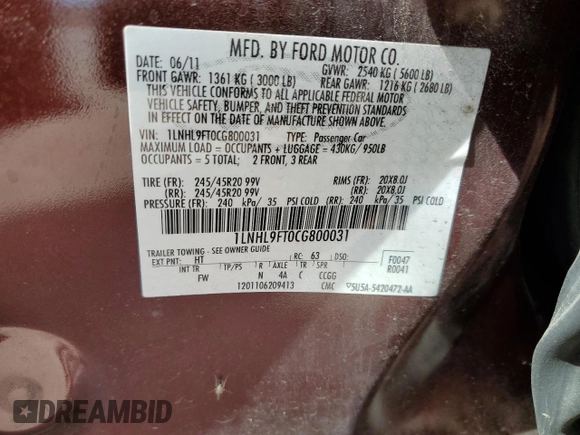 2012 Lincoln MKS EcoBoost with VIN 1LNHL9FT0CG800031, listed as a Copart auction lot 50520885 with 101,080 mi miles and Salvage title. Bid and sale history available at DreamBid. Image 14.