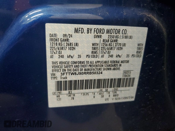 2024 Ford Maverick XLT with VIN 3FTTW8J90RRB50324, listed as a Copart auction lot 56813305 with 9,586 mi miles and Salvage title. Bid and sale history available at DreamBid. Image 12.
