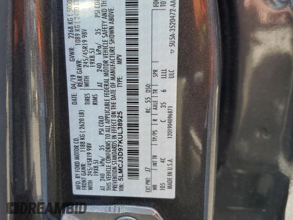 2019 Lincoln MKC Reserve with VIN 5LMCJ3D97KUL38925, listed as a Copart auction lot 62095365 with 62,995 mi miles and Salvage title. Bid and sale history available at DreamBid. Image 13.