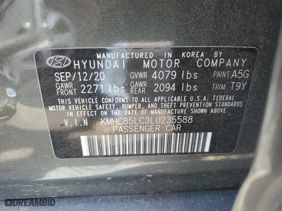 2020 Hyundai Ioniq Hybrid SEL with VIN KMHC85LC3LU235588, listed as a Copart auction lot 42591405 with 58,782 mi miles and Salvage Title. Bid and sale history available at carsss.com. Image 14.
